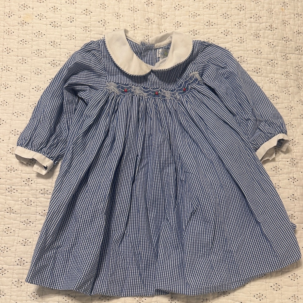 Classic Blue Gingham Smocked Kids Dress with White Collar